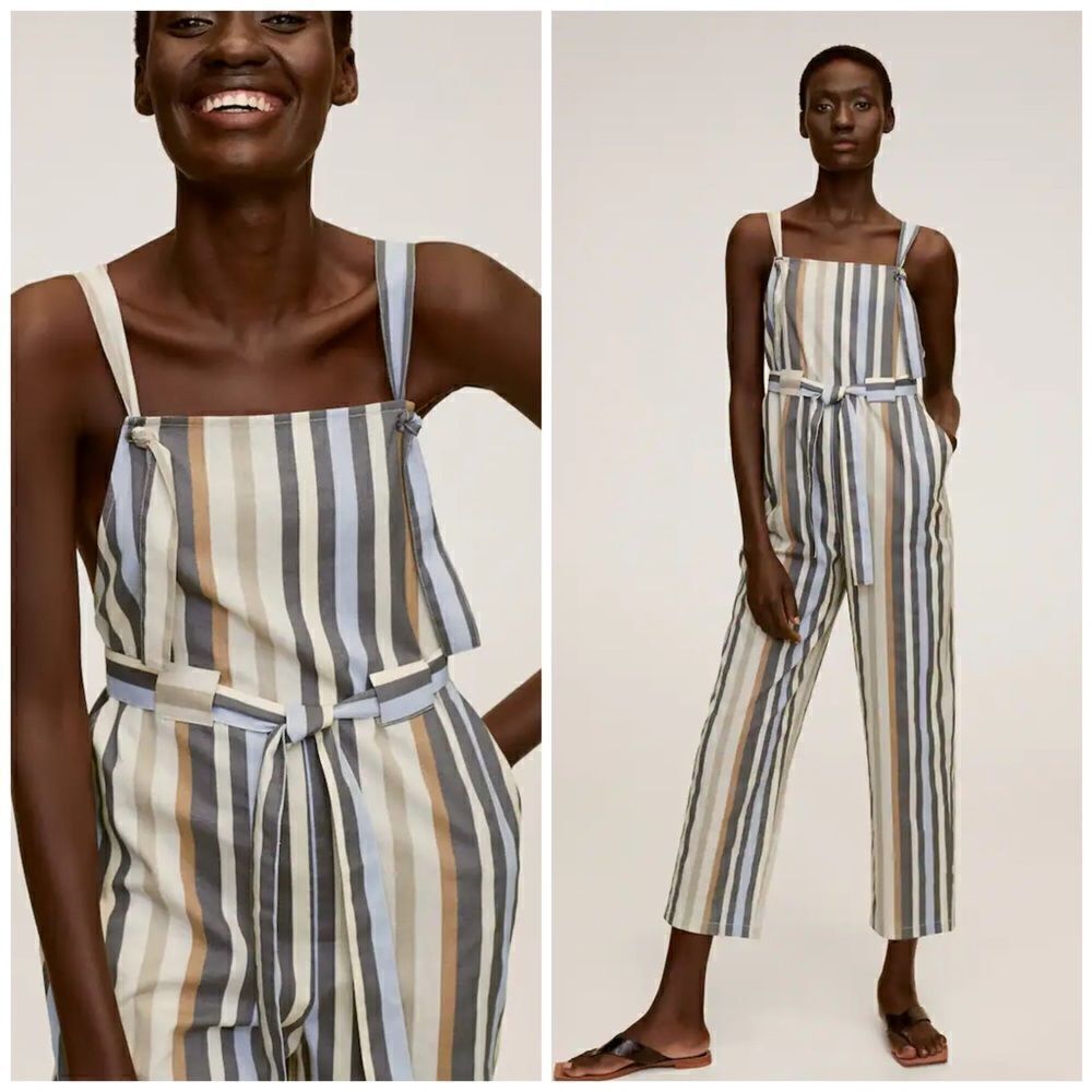 Mango Linen Cotton Blend Jumpsuit Striped Belted Long Relaxed